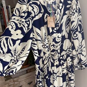 Umgee Navy and Cream Patterned Long Sleeve Dress